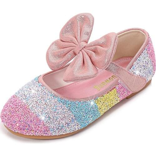 2021 New Princess Girls Leather Shoes Childrens Loafers Girl Flats Fashion Sequins Glitter Casual Party Shoes For Kids Wedding