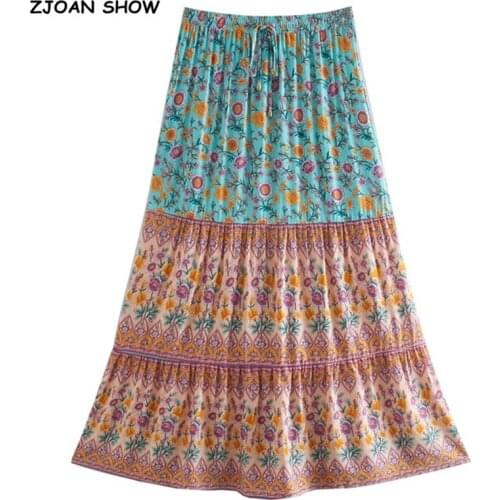 3 Colors 2021 Bohemia Floral Print Long Skirt BOHO Stitching Ruched Ruffle Hem Holiday Women Adjust Stream Waist Swing Skirts