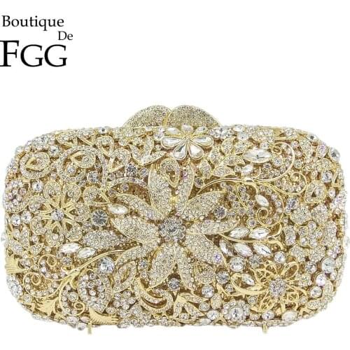 Boutique De FGG Hollow Out Flower Women Crystal Handbag and Purse Evening Party Metal Minaudiere Lady Diamond Clutch Bag