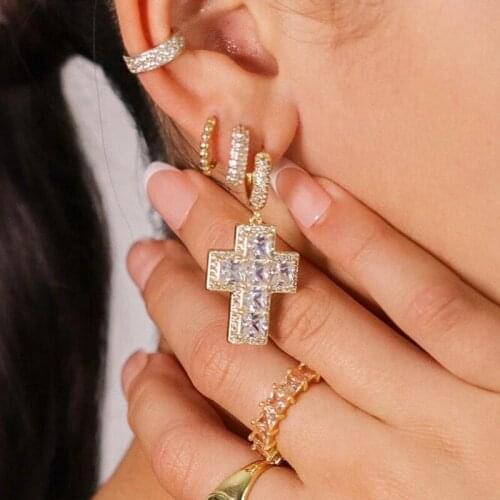 2021 Gold Silver Color Fashion Dangle Cross Charm Earring With Purple CZ Stone For Women Classic Design European Wedding Jewelry