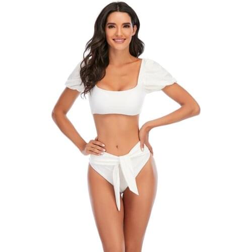 Womens Short Puff Sleeve 2PCS Bikini Set Summer Padded Tank + Swim Thong Beach Bow Floral Printing Biquini Set Swimsuit Holiday