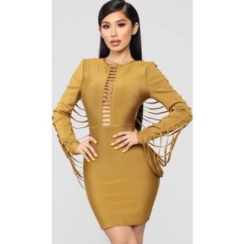 Stylish Tassel Fringe Striped Slim Bandage Dress Vestidos Long Sleeve Round Neck Solid Mini Bodycon Women Party Dress