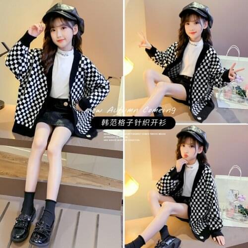 2020 New Kids Sweaters Girls Boys Fashion Open Stitch Black White Plaid Sweater Baby Girl Autumn Winter Clothes Girls Sweater