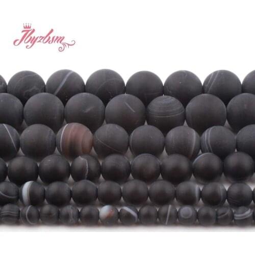 6,8,10,12mm Stripe Agates Bead Round Black Frost Matte Loose Natural Stone Beads For Necklace Jewelry Making Spacer Strand 15"