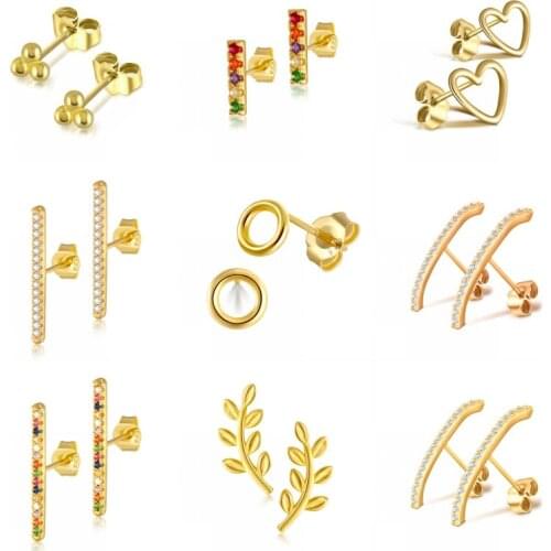 Aide 925 Sterling Silver Geometric Long Line Stud Earrings for Women Dainty Colorful Zircon Bar Leaf Shape Ear Studs Jewelry