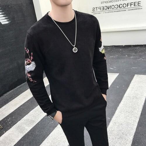 British Style Sweatshirts Fashion Red-crowned Crane Pullover Deerskin Down Men Round Neck Embroidery Hoodie Mens Clothes
