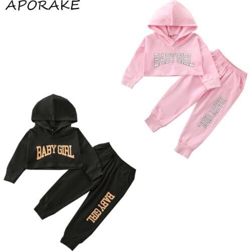 2021 0-6Y Sports Kids Baby Girl Boy Clothes Set Tracksuit Letter Print Long Sleeve Hooded Sweatshirt Crop Top+Pants Autumn 2pcs