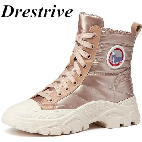 Drestrive Woman Ankle Boots Down Round Toe Wool Cross Tied Patchwork Platform Thick Heel Black Lace Up 2020 Winter Casual Shoes