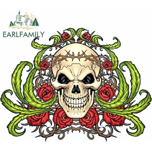 EARLFAMILY 13cm x 9.9cm For Skull Roses Car Bumper Decal Windows Car Stickers Funny Waterproof Motorcycle Decoration