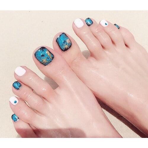 Ins navy style Blue and white pure color with rivet decoration 3d toe nails Cute false nails for toe decorated full nail tips