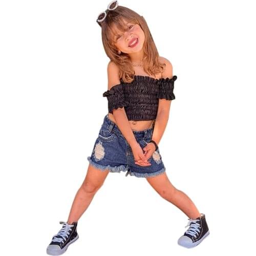 Infant Solid Color Outfits 2 Pcs Baby Girls Clothes Off Shoulder Smocked Short Sleeve Pullover + Frayed Raw Hem Ripped Jeans