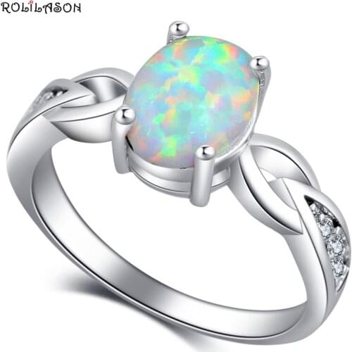 ROLILASON Fashion jewelry Ring for women Engagement White Fire Opal silver plated Rings USA size #6#7#8#9#10 OR890