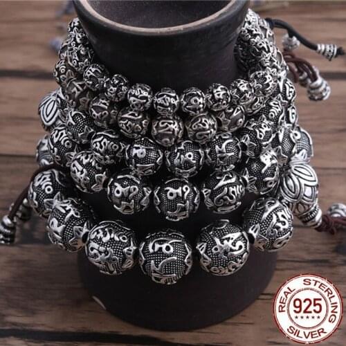S990 Sterling Silver color Tibetan Six Words Proverb Mala Bracelet Buddhist OM Mani Wrist Mala Bracelet Tibetan Bracelet Jewelry