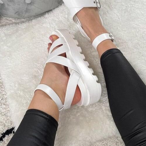 Women Buckle Platform Sandals Woman PU Leather Solid Flat Shoes Female Rome Ladies Summer Beach Casual Big Size Footwear