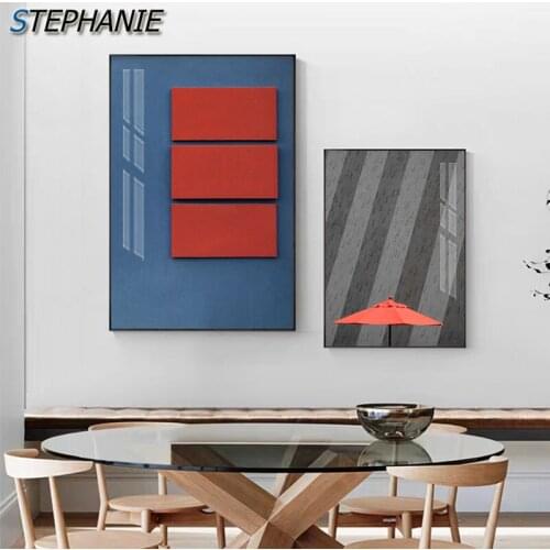 Modern Blue Grey Canvas Painting Abstract Red Unique Poster Print Wall Art for Living Room Entrance Aisle Cuadros Salon Decor