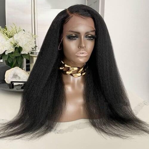 Middle Part Yaki 26 Inch Long Kinky Straight 180%Density Synthetic Lace Front Wig for Black Woman Babyhair Preplucked Glueless