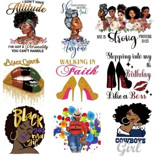 Iron On Transfer Patches For Clothing DIY Washable Women T-shirt Heat Transfer Beauty Black Girl Heels Thermal Clothes Sticker