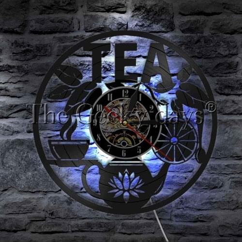 Tea Pot Design Vintage Retro Tea Time Led Light Vinyl Wall Clock Drink Tea CD Record Clock 3D Home Decor Beverage Watch