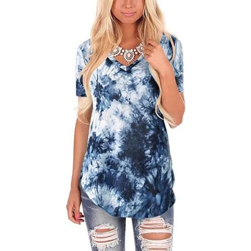 Womens Short Sleeve T Shirt Tie Dye V Neck Vintage Casual Loose Plus Size Tee Shirt Female Hipster Streetwear Tops