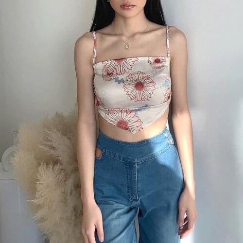 Women Sexy Summer Camis Top Spaghetti Straps Floral Printing Irregular Hem Sleeveless Shirt Zipper Backless Club Beach Crop Top