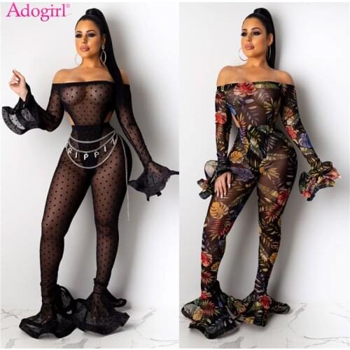Adogirl Polka Dots Leaf Print Sheer Mesh Two Piece Set Women Sexy Slash Neck Off Shoulder Flare Sleeve Bodysuit Foot Club Pants