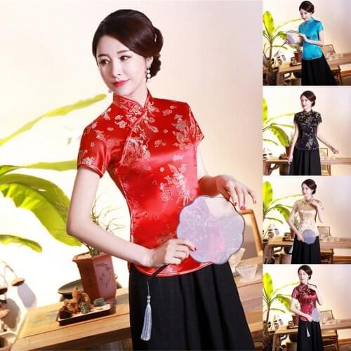 Women Cheongsam Top Dragon Phoenix Printing Lady All Match Chinese Style Dragon Phoenix Print Cheongsam Shirt