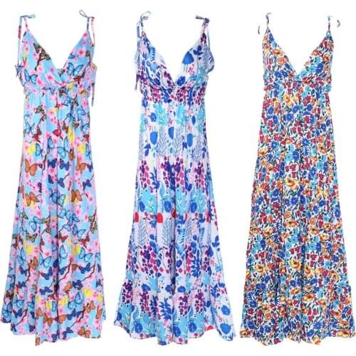 Womens Boho Floral Maxi Dress Party Strappy Summer Beach Sundress Plus Size Summer Dress S M L XL 2XL 3XL 4XL 5XL