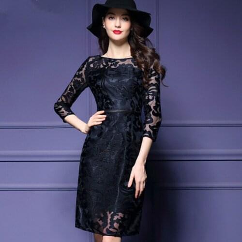 Women spring autumn knee-lenght dress women lace elegant dress and ladies dress O-Neck Vintage Solid dress for woman