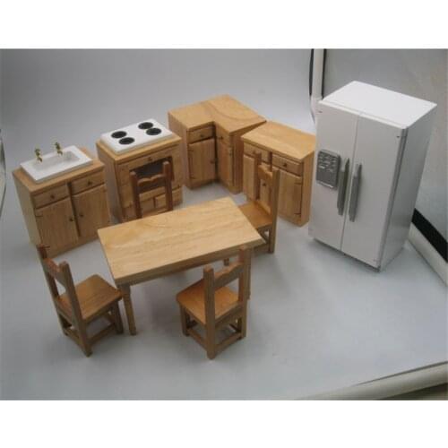 1:12 Wooden Miniature refrigerator table stove kitchen for dolls Dollhouse Furniture toy dolls house pretend play toys for girls