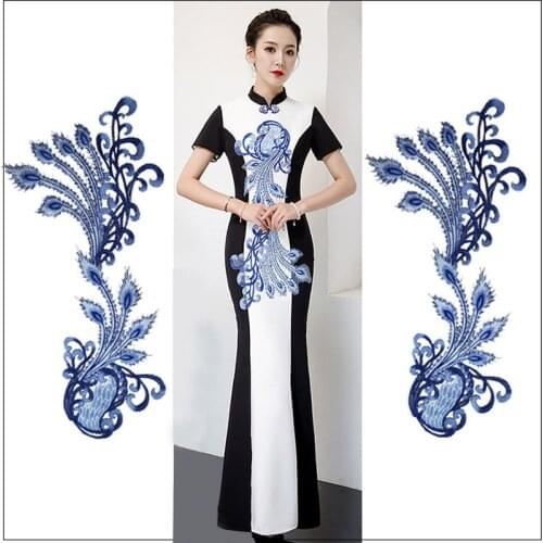 1Pc DIY Craft Embroidered Blue Peacock Tail Cloth Feather Applique Sew Trim Scrapbooking