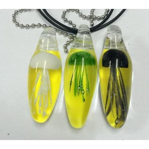 FREE SHIPPING 3PCS MIX Jellyfish New Hand Blown Glass Pendant YELLOW Drop Tentacles Necklace Black Rope