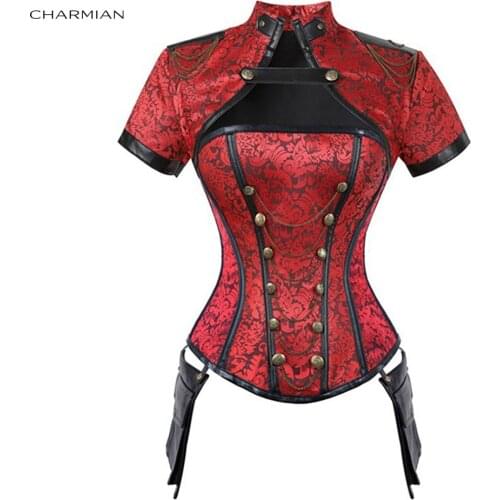 Charmian Womens Sexy Steampunk Overbust Corset Top Steel Boned Outerwear Corsets and Bustiers Jacket Cincher Corselet with Shrug