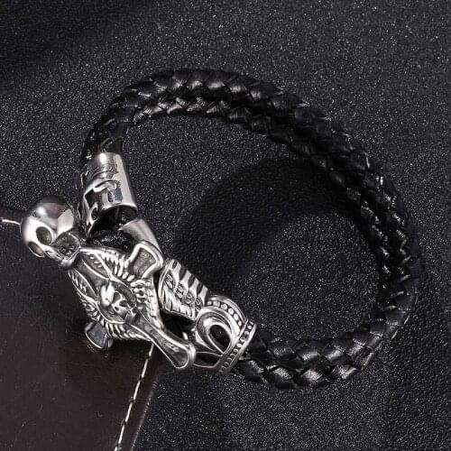 Punk Black Double Layer Leather Braided Bracelet Men Cross Skull Stainless Steel Buckle Charm Bracelets Male Wrist Band ST755