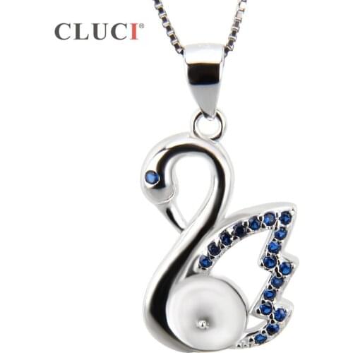CLUCI romantic metal necklace charms blue Swan design 925 sterling silver pearls pendant locket accessories jewelry SP165SB