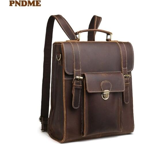 Business retro genuine leather mens multifunctional backpack natural crazy horse cowhide outdoor travel bagpack work bookbag