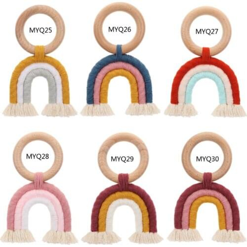 Wooden Natural Crochet Baby Infant Teether Teething Ring Bracelet Rainbow Tassel Macrame Jewelry Teething For Baby Wholesale