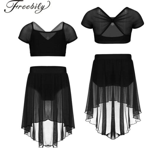 Kids Girls Mesh Splice Cap Sleeves Ballet Figure Skating Dress Gymnastics Crop Top with Skirt Outfit Set Lyrical Dance Costumes