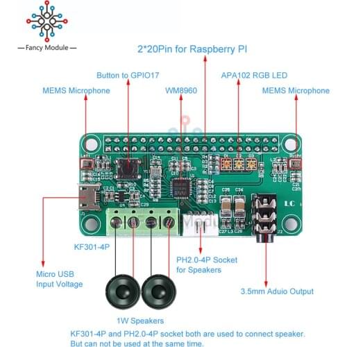WM8960 Voice Recognizer Audio Decoder Module Intelligent Stereo 1W Amplifier Dual MIC Input for Raspberry Pi