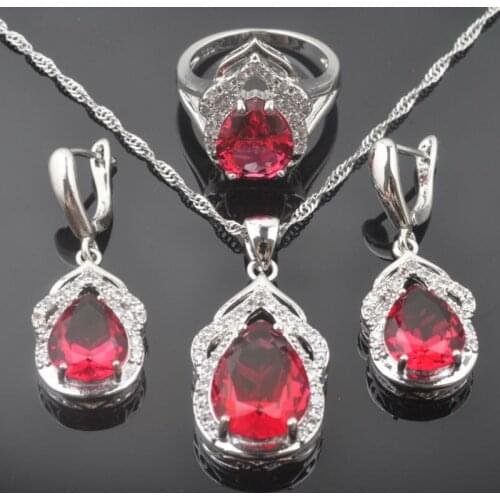 Shining Rose Red Zirconia Womens Silver Color Jewelry Sets Earrings Pendant Necklace Rings QZ0305