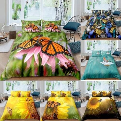 100% Polyester butterfly Printed yellow Bedding Set Sunflower Comforter Duvet Cover 2/3pcs Set 200x200 King Twin Size Bedclothes