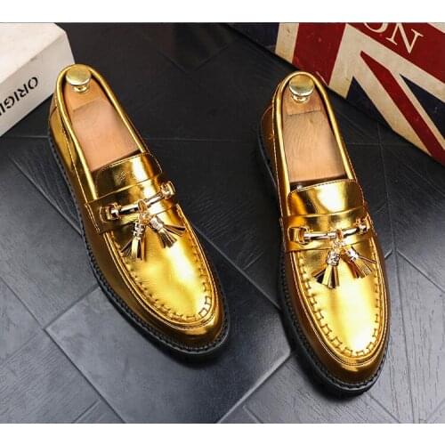 Leather Men Flats Shoes gold black brogue club wedding party shoes Hand Sewing Men Oxfords Zapatos Hombres Trendy Men Shoes