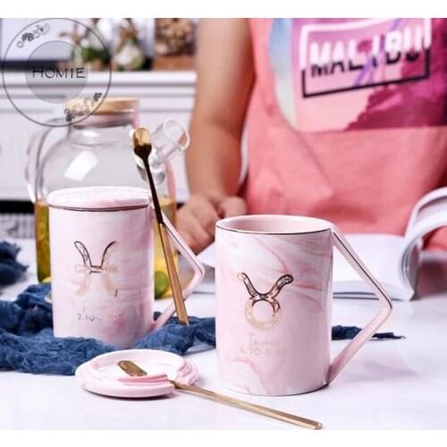 Homie Natural Marble 12 Constellation Ceramic Pink Zodiac Mug with lid spoon coffee cup Creative Personality Cup 450ml Lead-Free
