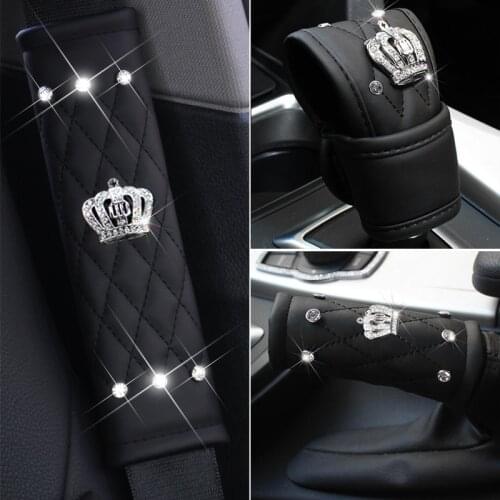 Fashion Crown Diamond Leather Black Handbrake Cover Gear Shifter Covers Car Seat Belt Covers Car Styling Interior Accessories