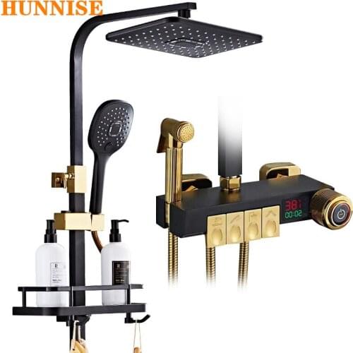 Press Handle Piano Bathroom Shower Set Black Gold Waterfall Bathroom Tap Faucets Quality Brass Thermostatic Digital Shower Set