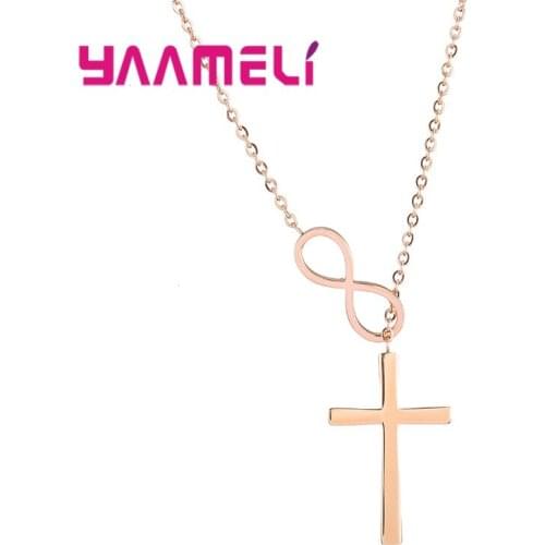 Never Fade Sterling Silver 925 Cross Bowknot Infintity Cross Necklace for Male Female Silver/Gold/Rose Gold Collar Choker