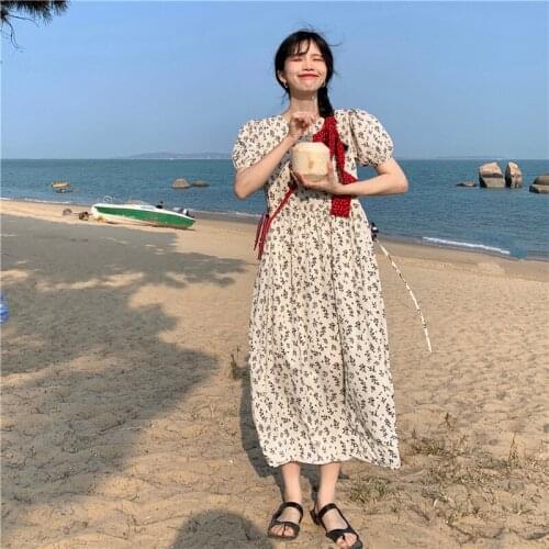 Woman Dress French Retro Puff Sleeve Floral Dress Female Summer Warm Wind Waist Slimming Over-the-knee Skirt A-line Skirt