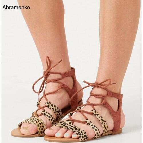 Women Flat Sandals Ladies Summer Fashion Casual Shoes Open Peep Toe Cross Strap Woman Leopard Black Ankle Wrap Sandal Size 34-43