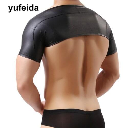 YUFEIDA Sexy Men Undershirts Short Sleeve Shrug Faux Leather Gay Sissy Muscle Tights Short Tops Crazy Stage Night Dance Clubwear