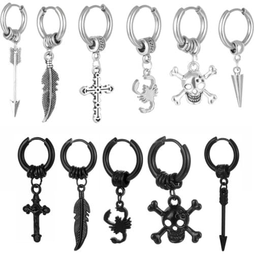 1pcs Grunge Mens Cross Earrings Black Hanging Hoop Earrings Hypoallergenic 316L Stainless Steel Punk Goth Earrings For Women