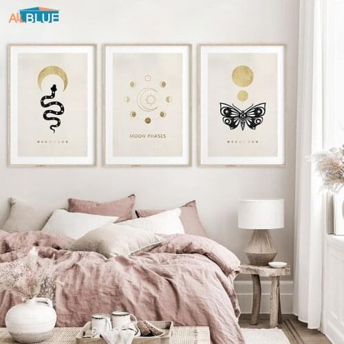 Modern Abstract Gold Moon Phases Snake Silhouette Poster And Print Canvas Painting Wall Art Pictures Home Decor For Bedding Room